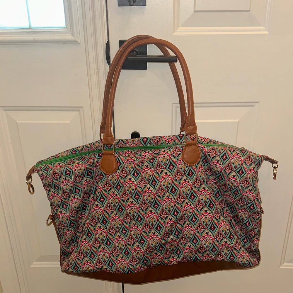 Patterned Weekender Bag Travel Duffle Tote Brown faux Leather Handles - Picture 7 of 7